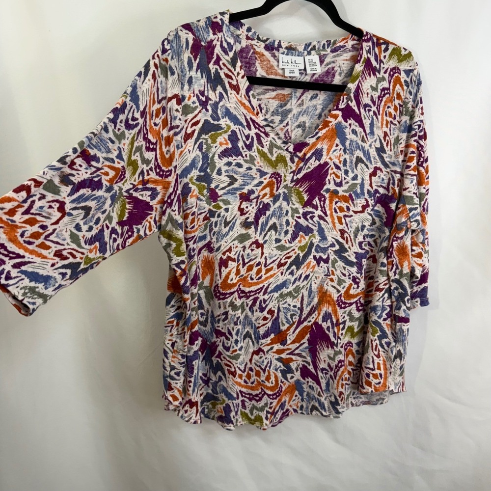 Nicole Miller New York Linen Abstract Print V-Neck 3/4 Sleeve Tunic Top 2X Boho - Picture 7 of 10